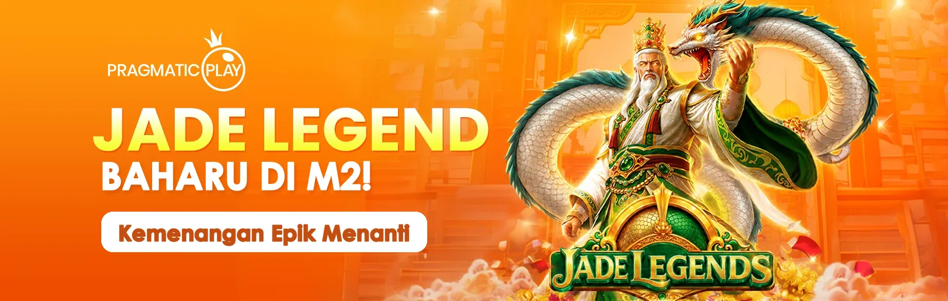 Sepanduk pelancaran Jade Legend oleh Pragmatic Play dengan label Baharu di M2